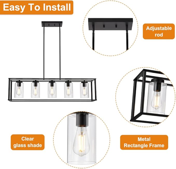 VINLUZ Farmhouse Chandeliers Rectangle Black 5 Light Dining Room Lighting Fixtures Hanging, Kitchen Island Cage Pendant Lights Contemporary Modern Ceiling Light with Glass Shade Adjustable Rods