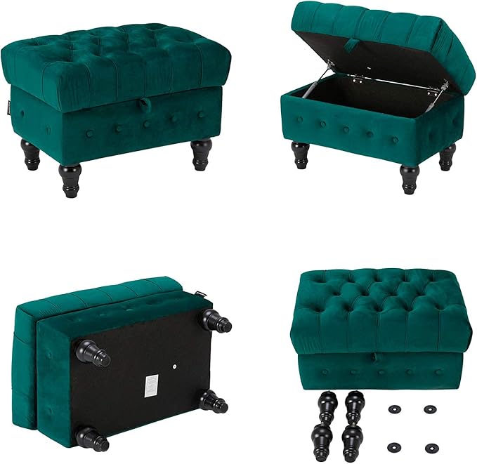 Artechworks Button Tufted Storage Ottoman, Velvet Upholstery Footstool Bed Ottoman for Living Room, Home Office, Space-Saving Storage Toy Box Coffee Table Stool, Green