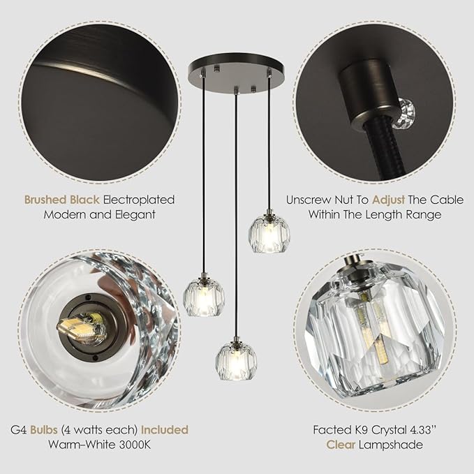 3 Lights Pendant Lighting, Brushed Black Cluster Pendant Light Kitchen Island, Cut Crystal Pendant Light Fixture Hanging Lights for Dining Room Foyer Bathroom