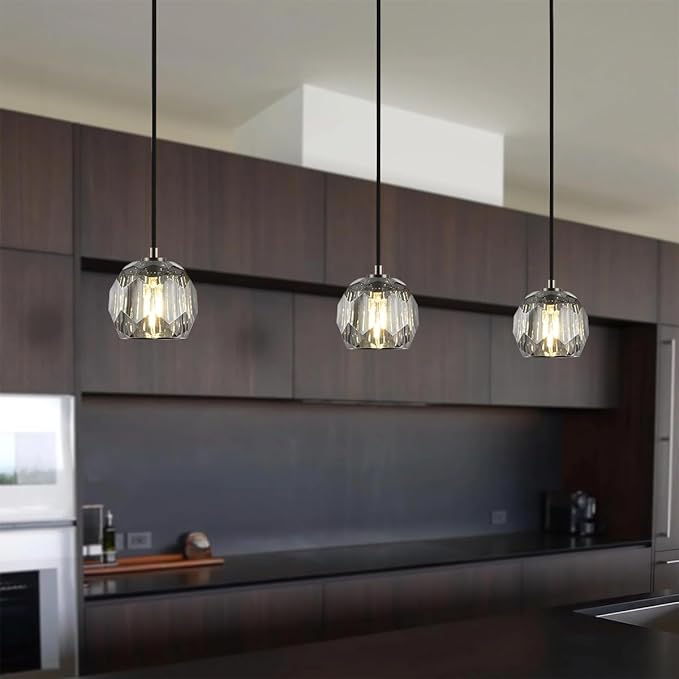 Crystal Pendant Light Fixture, Modern Black Pendant Light Kitchen Lighting, Small Crystal Pendant Island Hanging Light for Kitchen Dining Room