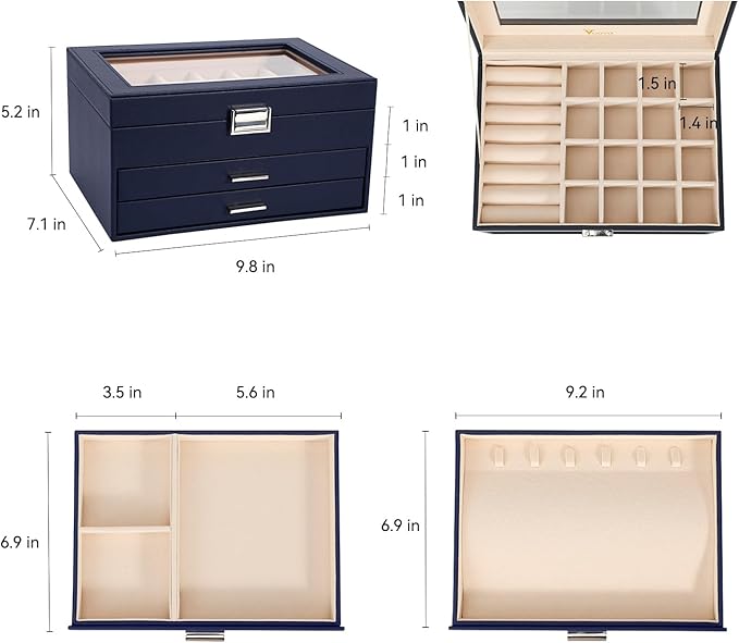 Voova Jewelry Box Organizer for Women Girls, 3 Layer PU Leather Jewelry Storage Case with Glass Lid & 2 Drawers, Large Jewellery Display Holder for Necklaces Rings Earrings Bracelets, Navy Blue