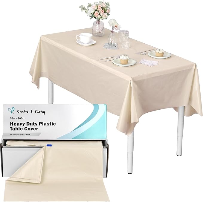 Craft And Party, 54 in x 300 feet Plastic Table Cover Roll for Party, Banquet, Picnic, Kids Activities for Any Size and Shape Table (Ivory, 54" x 300ft)