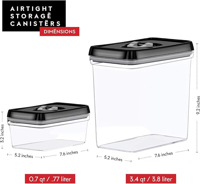 DWËLLZA KITCHEN Large Airtight Food Storage Containers - Clear Plastic Bulk Food Pantry & Kitchen Storage Containers for Flour, Sugar and Baking Supplies 4 Pcs. BPA-Free, Keeps Fresh & Dry (Black)
