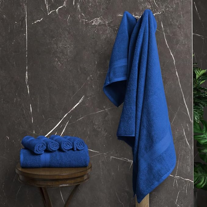 Avalon Towels Luxury 8 Piece Towels Set, 2 Bath Towels, 2 Hand Towels and 4 Washcloths, 600 GSM 100% Ring Spun Cotton Highly Absorbent Bathroom Towel Set, Ideal for Hotel, Spa and Gym (Royal Blue)