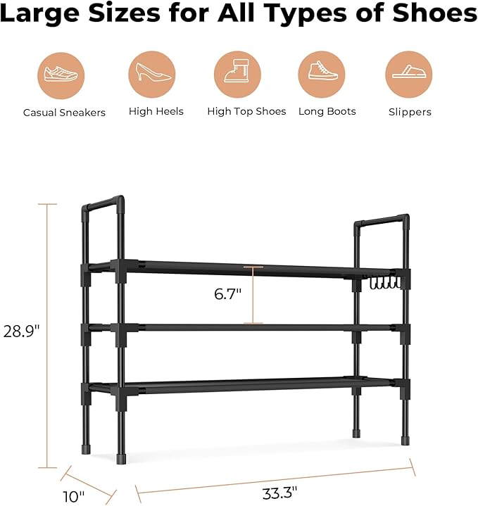 3 Tier Shoe Rack, Shoe Organizer Storage for 16-20 Pair Boot and Sneaker, Stackable Free Standing Shoe Shelf with Hooks and Side Pocket, Space Saving Shoes Rack for Closet, Entryway
