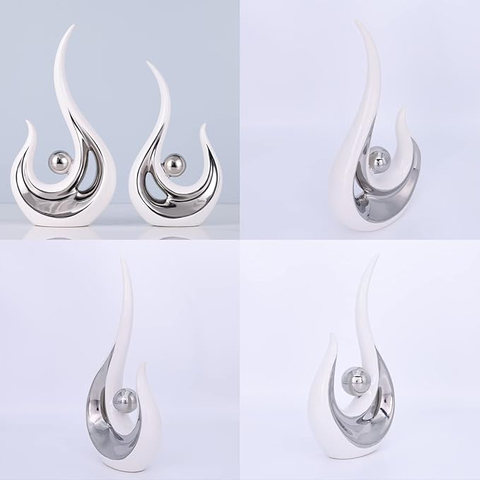 DOVDOV Abstract Ceramic Statues Set of 2, Silver and White Home Decor, Modern Classic Art Statues with Plated Gold Accents