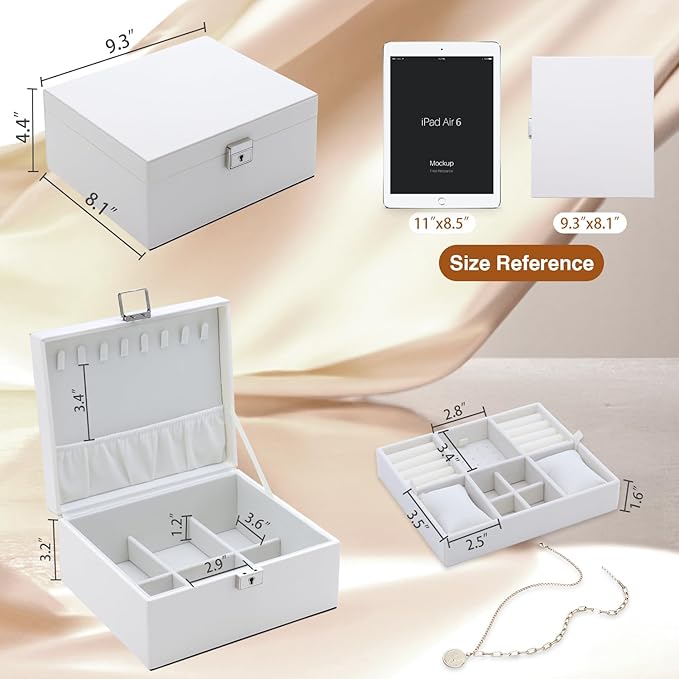 Jewelry Organizer Box for Girls Women,Large Genuine Leather Jewelry Organizers and Storage with Earring Holder Organizer Removable Velvet Jewelry Tray,Christmas Gifts Jewelry Box for Girls 8-12,White