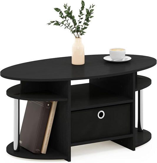 Furinno Jaya Simple Design Oval Coffee Table with Bin for Living Room, Americano/Chrome/Black