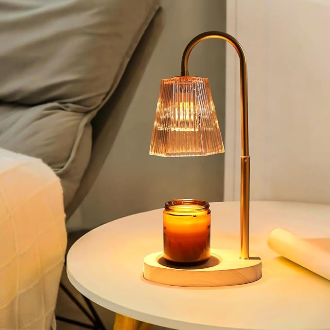 LIDORE Candle Warmer, Candle Warmer Lamp with Timer, Wooden Base Golden Glass, Gift for Mothers Day Valentines Day Christmas New Year, Home Decor, with 2 GU10 Bulbs
