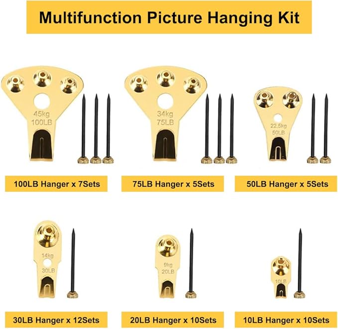 125 Pcs Heavy Duty Picture Hanging Kit With Nails for Wooden/Drywall - Professional Hangers for Canvas, Office Pictures, Clock, House Decoration - Holds 10-100 lbs