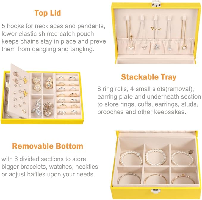 Voova Jewelry Box Organizer for Women Girls, 2 Layer Large Men Jewelry Storage Case, PU Leather Display Jewellery Holder with Removable Tray for Necklace Earrings Rings Bracelets, Vintage Gift, Yellow