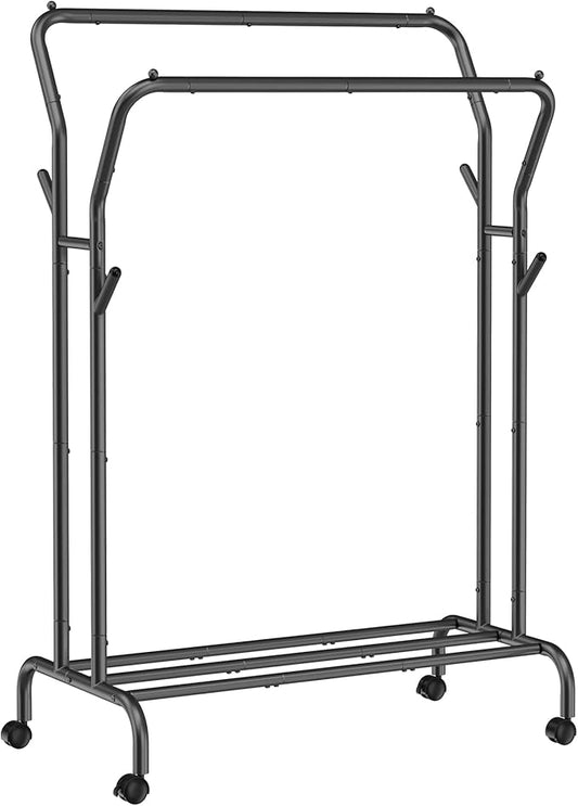 SONGMICS Clothes Rack, Double-Rod Clothing Rack for Hanging Clothes with Wheels, Garment Rack, Metal Frame, 220 lb Max. Total Load, 40.7 Inches Wide, Clothes Storage and Display, Black UHSR107B01