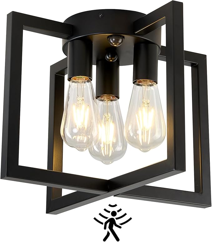 ZGLAOJT Motion Sensor Ceiling Light Fixture 3-Lights Semi Flush Mount Ceiling Light Black Industrial Indoor Chandelierfor Kitchen Living Room Bedroom Farmhouse Hallway Foyer