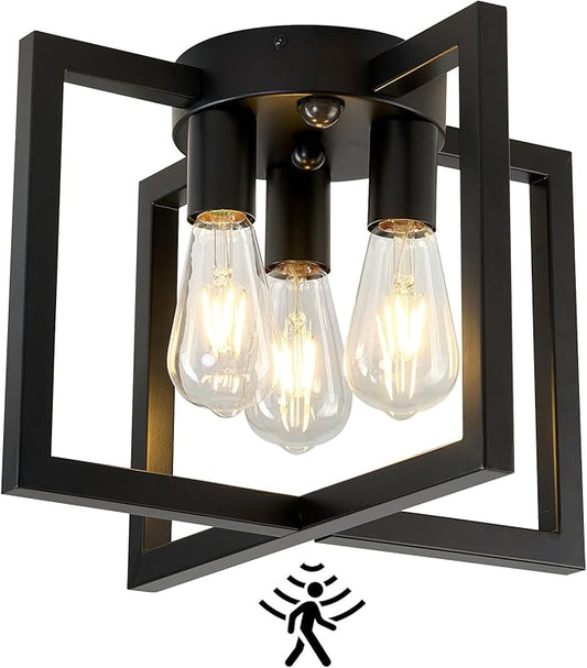ZGLAOJT Motion Sensor Ceiling Light Fixture 3-Lights Semi Flush Mount Ceiling Light Black Industrial Indoor Chandelierfor Kitchen Living Room Bedroom Farmhouse Hallway Foyer