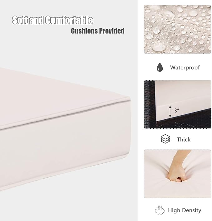 Tangkula 3 Pieces Patio Rattan Furniture Set, Outdoor Wicker Sofa Set w/Washable Cushion and Acacia Wood Tabletop, High Load Bearing Chair with Coffee Table, Conversation Furniture (Turquoise & Beige)