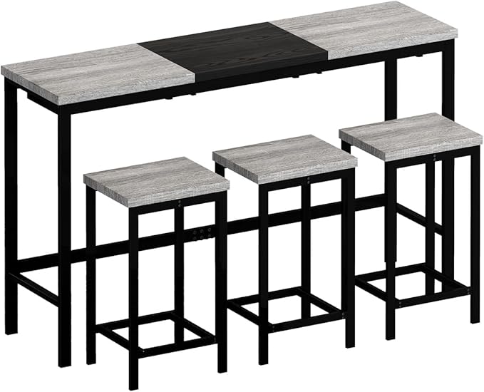 Harper & Bright Designs 4-Piece Dining Table Set, 60.2" L Wood Dining Table with 3 Stools and Metal Frame for Kitchen Dining Room, Convenient Hanging Stool Design, Grey+Black