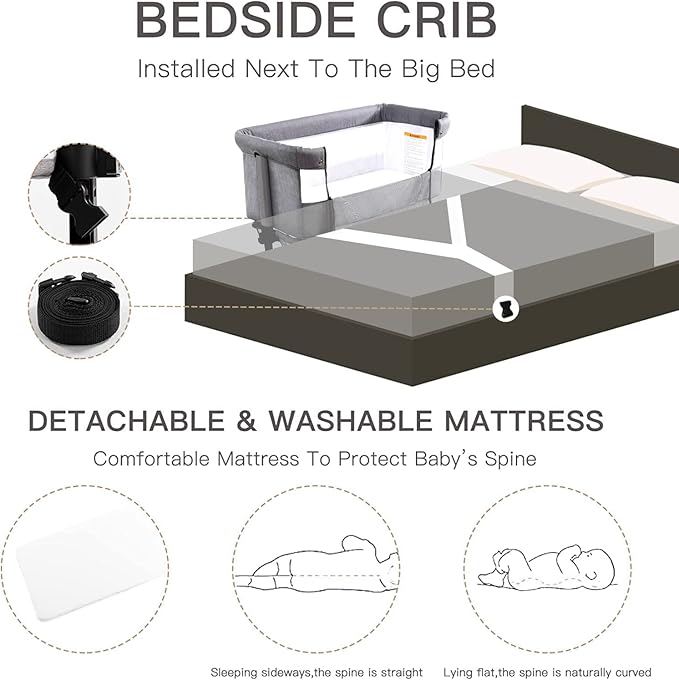 3 in 1 Baby Crib,Bassinet Bedside Crib Adjustable Portable Bed for Infant,Baby Newborn Must Have Bed,Grey
