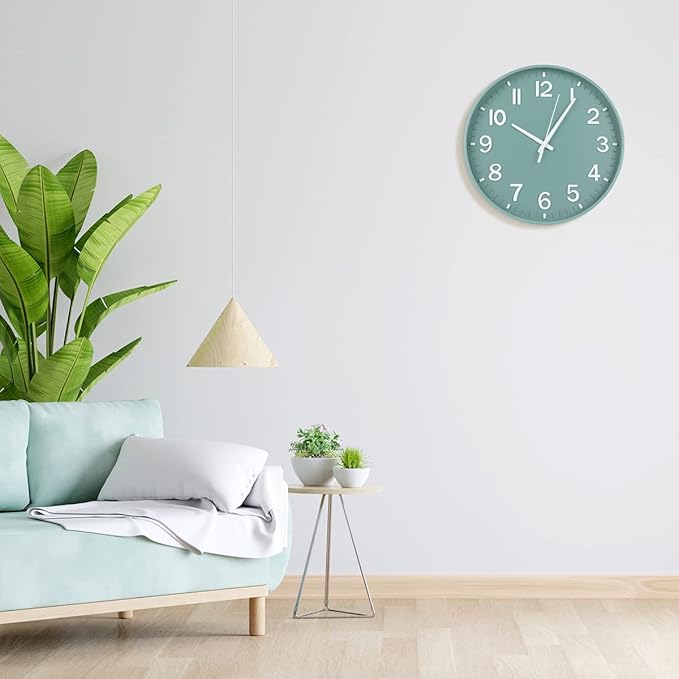 HZDHCLH Modern Quartz Wall Clocks Battery Operated,12 inch Silent Non Ticking 3D Numbers Round Clock for Wall, Green Wall Clock for Kitchen Bedroom Living Room Office Classroom Decor