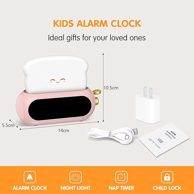 Cute Digital Clock for Bedrooms, Kids Alarm Clocks with Night Light Lamp, 10 Alarm Tones, Adjustable Brightness, Nap Timer, Snooze, Power-off Memory, Bedside Clocks for Girls Kids Teens Birthday Gifts