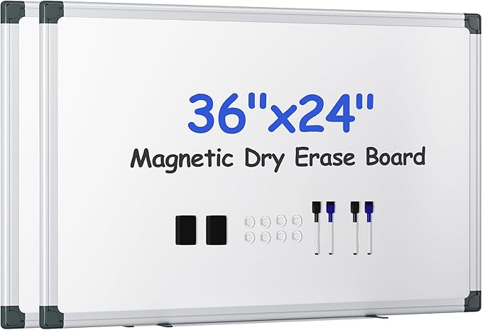 VUSIGN 2PCS Magnetic White Board Kit for Wall 36" x24", 2 Dry Eraser & 4 Multicolor Markers & 8 Magnetic Pins, Sliver Reinforced Aluminum Frame for Home, School, Office