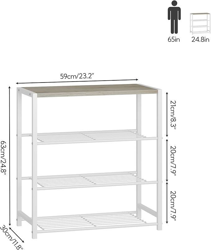 Yusong Shoe Rack Organizer, 4 Tier Industrial Shoe Storage Shelf for Closet Entryway, Narrow Sturdy Metal Shoe Shelves, White