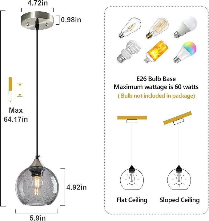 Light Grey Glass Pendant Lights Kitchen Island Globe Pendant Light Fixtures Modern Pendant Lighting for Bedroom Living Dining Room Light Fixture (5.9 in, 2 Pack)