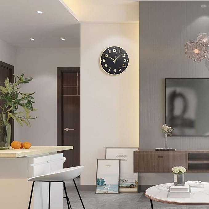 HZDHCLH Black Wall Clocks Battery Operated,12 inch Silent Non Ticking Modern Clock for Wall, 3D Numbers Wall Clock for Kitchen Bedroom Living Room Office Classroom Decor (Black-Gold)