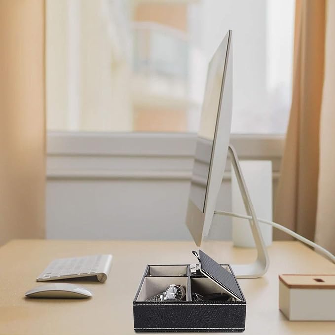 Baoyun Men's Valet Tray, Faux Leather Valet Box, EDC Catch All Tray, Dresser Top Nightstand Organizer with 5 Compartments for Smartphone, Keys, Wallet, Watch