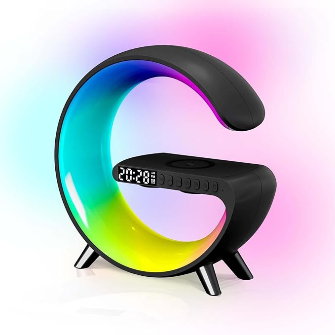 Smart LED Table Lamp, 4-in-1 Wireless Charger, Night Light, Alarm Clock, and Bluetooth Speaker with App Control for Bedroom, Office, and Home Decor (Black)