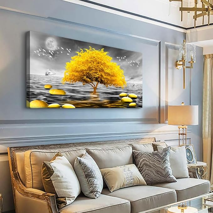 Wapluam Wall Decor For Living Room Large Canvas Wall Art For Office Modern Bedroom Wall Decorations Black And White View Wall Painting Yellow Tree Pictures Artwork For Walls Room Home Decor 48X24in