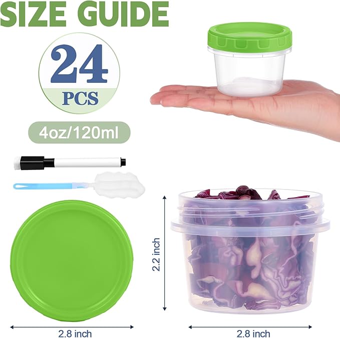 4 oz Small Plastic Containers with Lids, 24 Pack Stackable Small Freezer Container, Reusable 1/2 Cup Food Containers for Snack Puree Fruit, with Pen and Brush, Microwave & Dishwasher Safe