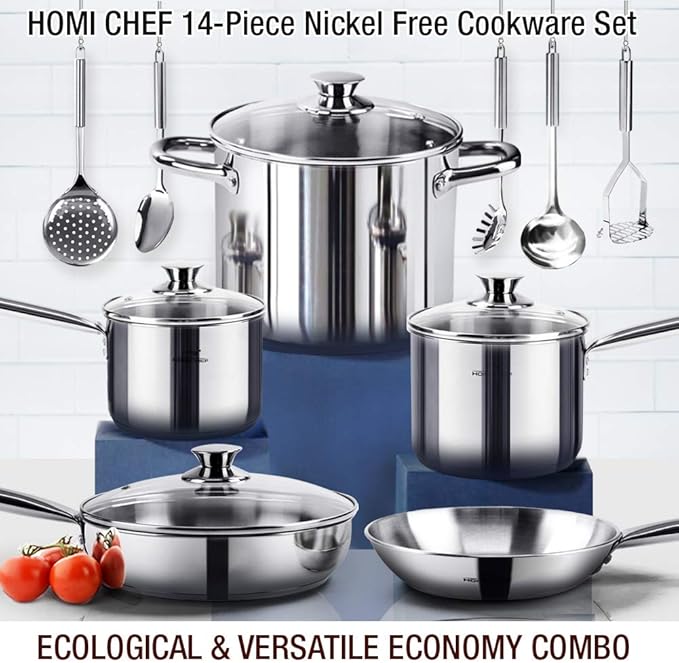HOMICHEF 14-Piece Nickel Free Stainless Steel Cookware Set - Nickel Free Pots and Pans Set - Non-Toxic, Healthy Induction Cookware