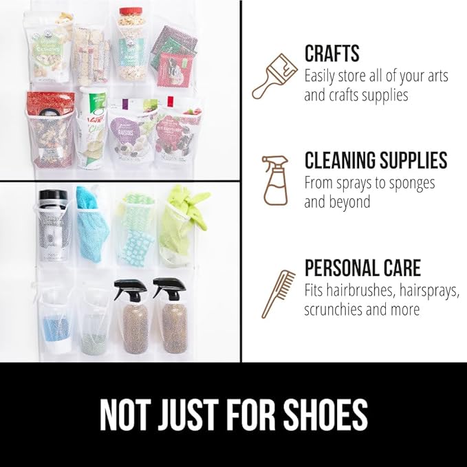 GORILLA GRIP Over the Door Shoe Organizer, 24 Large Breathable Mesh Pockets, Space Saving Hanging Storage Holder, Closet Rack Hanger Holds Up to 40 lbs, Hangs on Closets for Shoes, Accessories, White