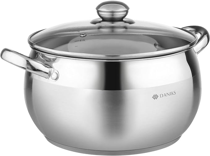 Daniks Classic Stainless Steel Stock Pot with Glass Lid – Induction 6 Quart, Dishwasher Safe, Measuring Scale, For Soup, Pasta, Stew, Silver