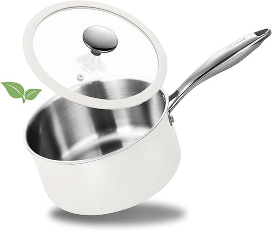 1.5 Quart Tri-ply Stainless Steel Saucepan with Glass Lid, Induction Sauce Pan Compatible with All Cooktops, Non-Toxic Sauce Pot with Stay Cool Handle, Oven & Dishwasher Safe