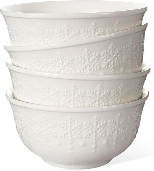 Small Ceramic Bowls - 14 Oz Ice Cream Bowls Set of 4, White Embossment Dessert Bowl for Kitchen, Soup, Side Dishes, Oatmeal, Rice, 4.75 Inch Microwave Oven Safe(Snowflake)