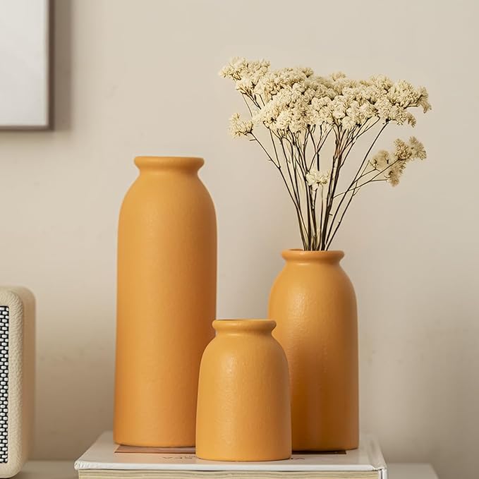 Ceramic Vase Set-3, Small Flower Vases for Decor, Modern Boho Farmhouse Style, Decorative Vases for Pampas Grass & Dried Flowers, Distressed Finish (Orange)
