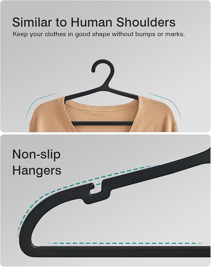 50 Pack Clothes Hangers, Non Slip Plastic Coat Hangers, Space Saving Hangers, Heavy Duty, Hanging Dry Wet Clothes,16.4" x 8.3", Black, UAPY0550B