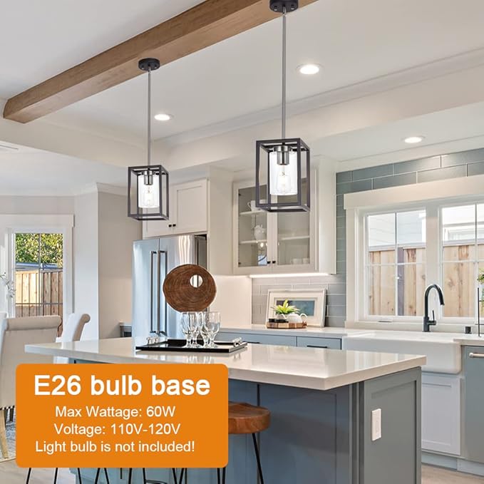 VINLUZ Single 1 Light Black and Brushed Nickel Modern Glass Pendant Light Industrial Modern Metal Chandelier with Clear Glass Shade for Dining Room Kitchen Island Foyer Cafe