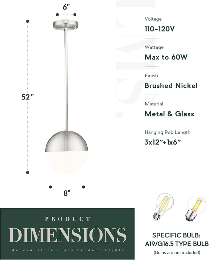 LMS 2 Pack Modern Pendant Lights, Mid Century Brushed Nickel Kitchen Lighting with White Globe Glass Shade, Adjustable Hanging Light Fixtures Ceiling Light for Home Office Dining Room, LMS-186BN2PK