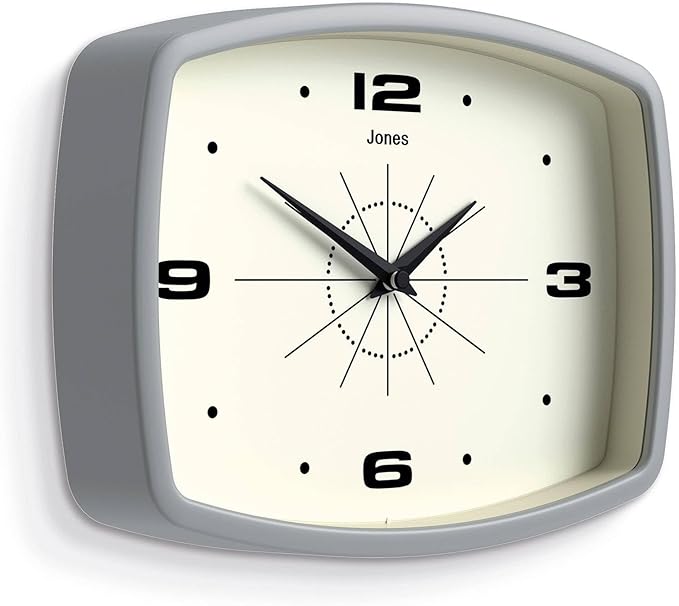 JONES CLOCKS® Movie Wall Clock | Rectangular Retro Clock | 25cm | Gray | Cool mid-Century Designer Look for Kitchen, Living Room or Office