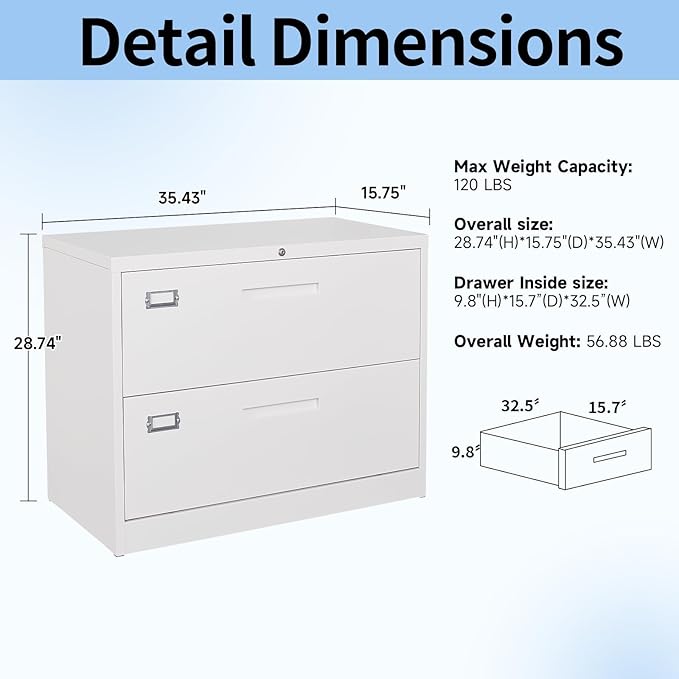 Lateral Filing Cabinet,2 Drawer File Cabinet with Lock,Office Lateral File Cabinets for Legal/Letter A4 Size,Require Assembly, White
