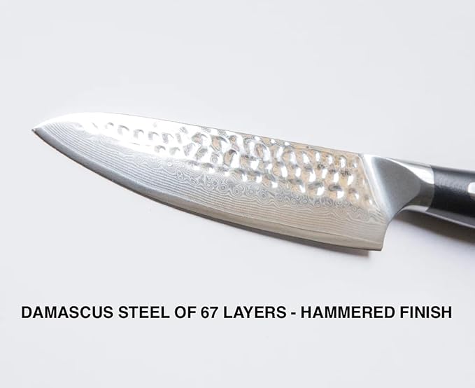 KANKA Grill 5" Damascus Steel Utility Knife - Professional 67 Layers, Hammered Finish, G10 Fiberglass Handle, Razor Sharp Kitchen Blade for Cooking, BBQ, Meat, Veggies & Slicing - Black