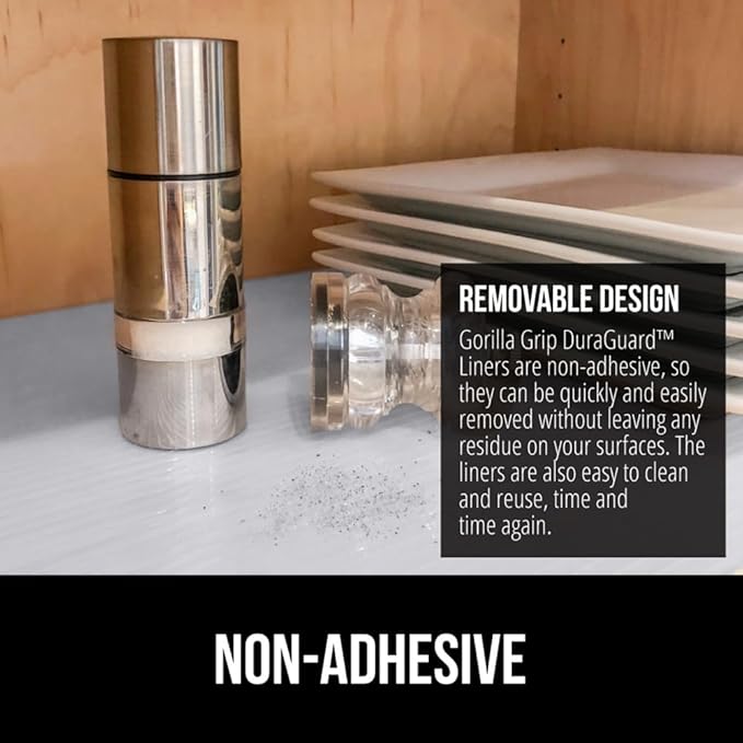 GORILLA GRIP DuraGuard Shelf Liner, Non-Adhesive Cabinet Liners for Kitchen Drawers, Shelves, Refrigerator, Pantry Storage, Bathroom Closet, Durable Waterproof BPA Free Ribbed Plastic, 17.5x10 Lt Gray