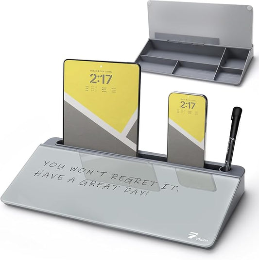TOWON Small Tilted Desktop Glass Whiteboard, Notepad Computer Keyboard Stand with Dry Erase Board Surface, Desk Organizers with Accessories for Office, Home, School Supplies, Gray, 17 x 6 Inches