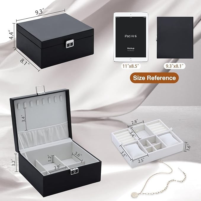 Jewelry Organizer Box for Girls Women,2 Layer Large Genuine Leather Jewelry Organizers and Storage with Lock Removable Velvet Jewelry Tray,Christmas Gifts for Mom,Black