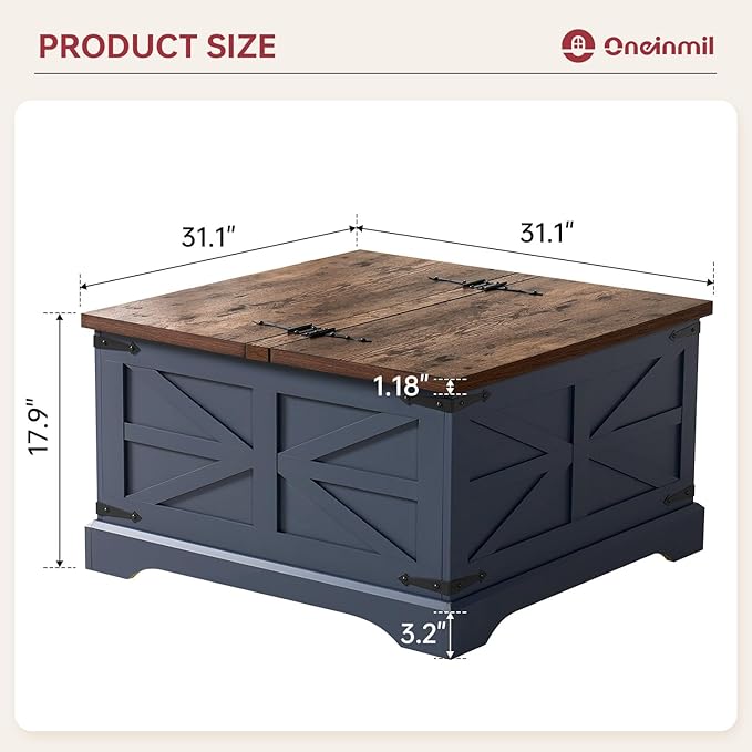 oneinmil Farmhouse Coffee Table with Storage Organizer, Square Coffee Tables with Large Storage Space, Center Table for Living Room, Bedroom, Home Office, Blue
