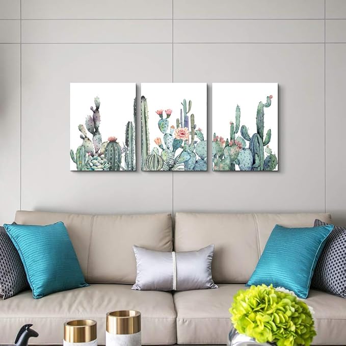 Canvas Wall Art For Bedroom Living Room Canvas Prints Artwork Bathroom Wall Decor Green Plants Succulent Cactus Flower Painting 20" X 28" 3 Pieces Modern Framed Ready To Hang Office Home Decorations