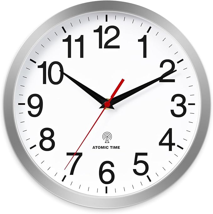 Atomic Wall Clock Modern 14 Inch Battery Operated Silent Non Ticking Analog Clock Decorative for Bedroom Kitchen Bathroom Office Home Living Room (Silver)