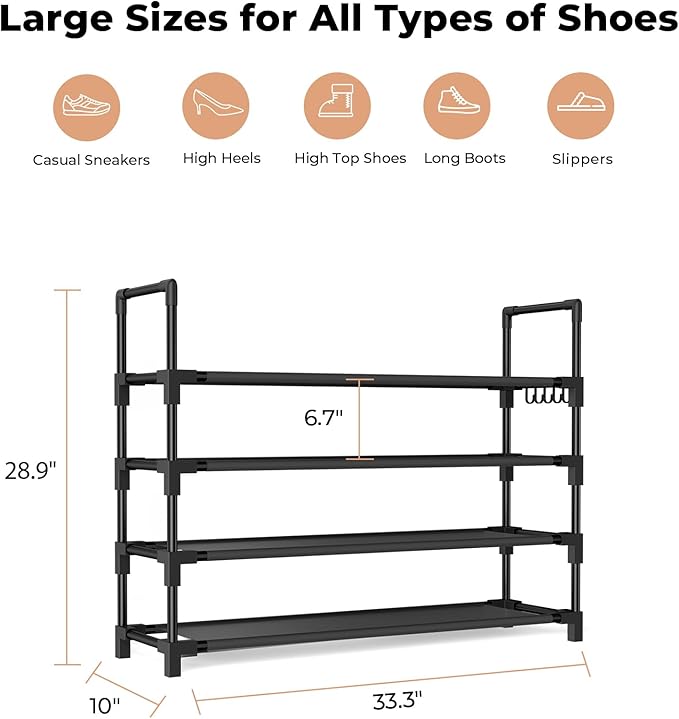 4 Tier Shoe Rack, Shoe Organizer Storage for 16-20 Pair Boot and Sneaker, Stackable Free Standing Shoe Shelf with Hooks and Side Pocket, Space Saving Shoes Rack for Closet, Entryway